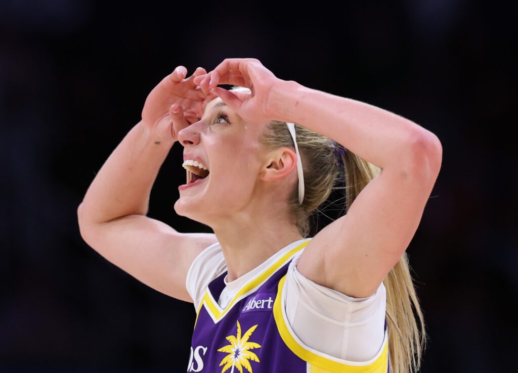 Cameron Brink of the Los Angeles Sparks reacts during an 87-78 Indiana Fever win at Crypto.com Arena.