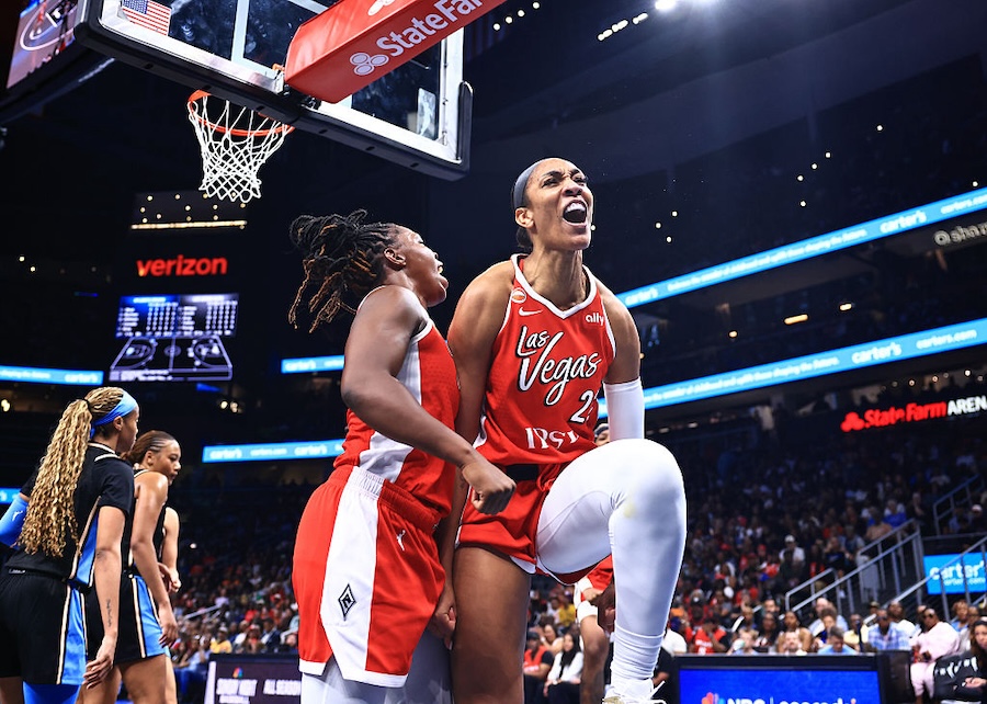 A'ja Wilson #22 of the Las Vegas Aces celebrates during the game against the Atlanta Dream on May 17, 2026 at State Farm Arena in Atlanta, Georgia.