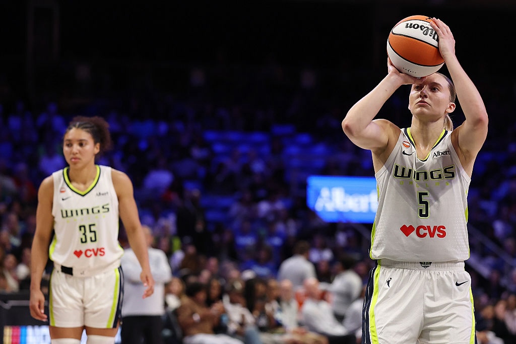 Paige Bueckers #5 of the Dallas Wings shoots a free throw during the second half against the Minnesota Lynx at College Park Center on May 14, 2026 in Arlington, Texas.