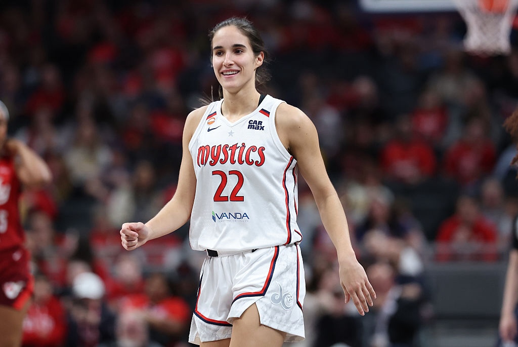 Sonia Citron #22 of the Washington Mystics after scoring a basket against the Indiana Fever at Gainbridge Fieldhouse on May 15, 2026 in Indianapolis, Indiana.