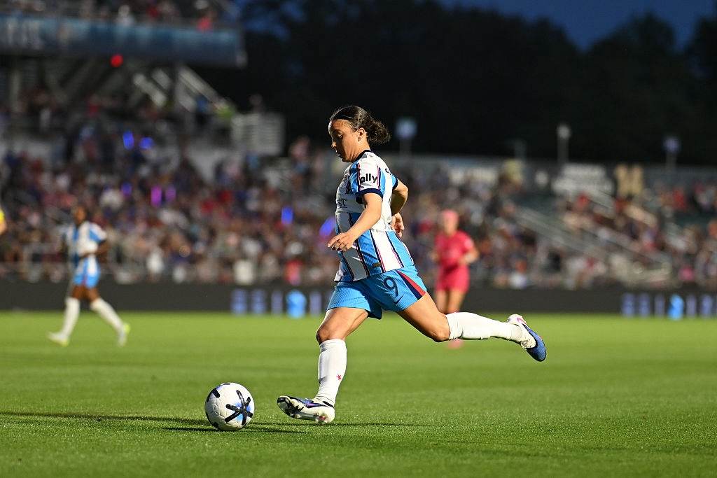 Mallory Swanson #9 of Chicago Stars FC controls the ball during the NWSL match between North Carolina Courage and Chicago Stars FC at First Horizon Stadium on May 16, 2026 in Cary, North Carolina.