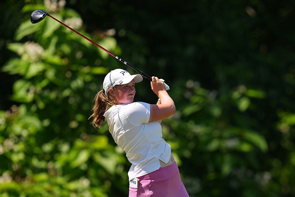 Lottie Woad of England plays her shot from the seventh tee during the final round of the Kroger Queen City Championship presented by P&G 2026 at Maketewah Country Club on May 17, 2026 in Cincinnati, Ohio.