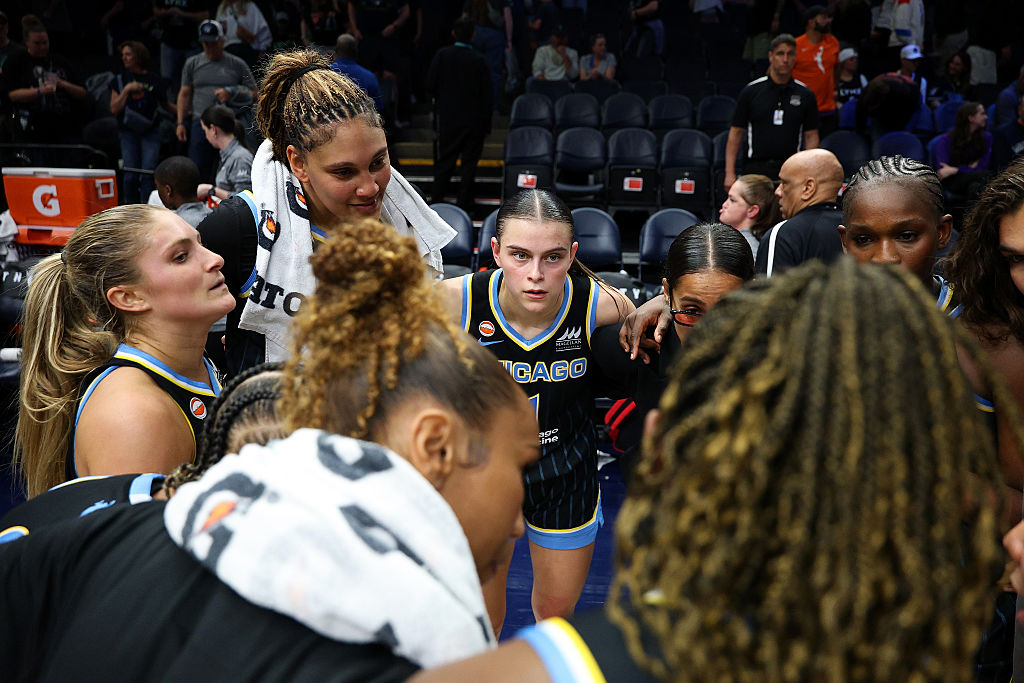 Gabriela Jaquez #11 of the Chicago Sky (C) huddles with teammates after the game against the Minnesota Lynx at Target Center on May 17, 2026 in Minneapolis, Minnesota. The Sky defeated the Lynx 86-79.