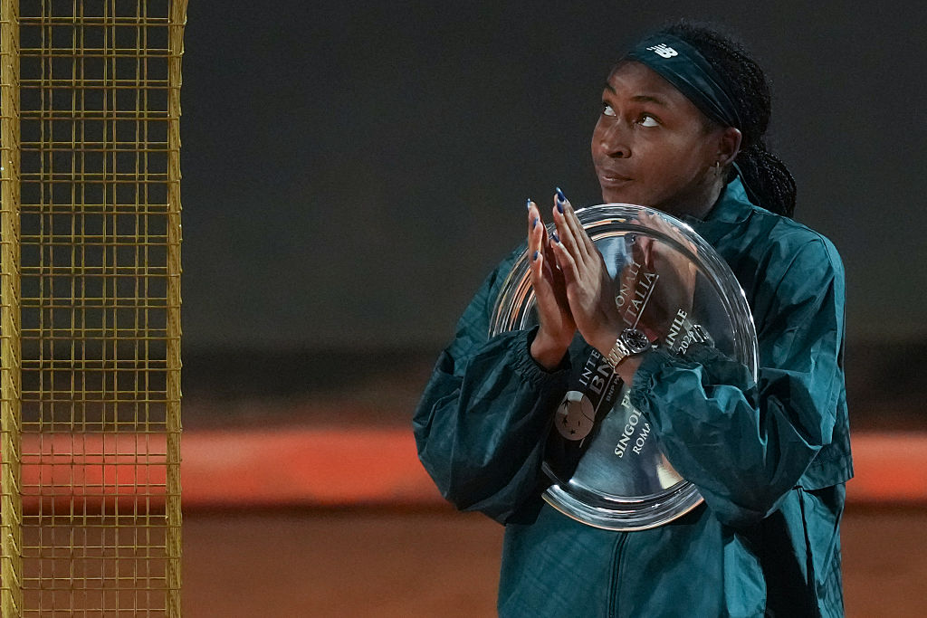 Coco Gauff of United States holds the runner-up trophy at the Internazionali BNL d'Italia 2026 tennis tournament at Foro Italico in Rome (Italy), May 16th, 2026