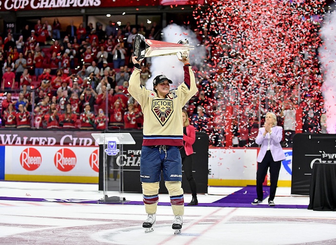 Marie-Philip Poulin #29 of the Montreal Victoire hoists the Walter Cup after the win against the Ottawa Charge in Game 4 of the PWHL Walter Cup Final at Canadian Tire Centre on May 20, 2026 in Ottawa, Ontario.