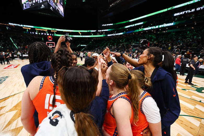 The Connecticut Sun huddle after defeating the Seattle Storm at Climate Pledge Arena on May 20, 2026 in Seattle, Washington after Sun vs Storm WNBA game.