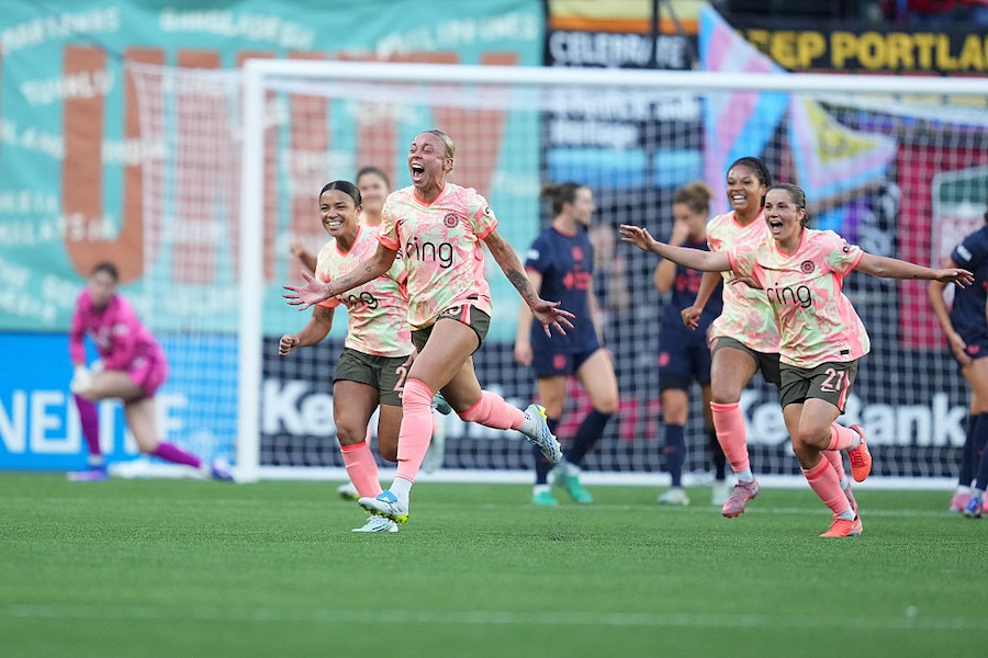 M.A. Vignola #25 of Portland Thorns FC celebrates with teammates after scoring her team's first goal during the NWSL match between Portland Thorns FC and Bay FC at Providence Park on May 20, 2026 in Portland, Oregon ahead of the Thorns vs Kansas City Current NWSL standings showdown.