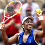 Sloane Stephens of the United States celebrates her victory against Leyre Romero Gormaz of Spain on Court Suzanne Lenglen in round three of the Qualifying competition during the 2026 French Open Tennis Tournament at Roland Garros on May 21st, 2026, in Paris, France.