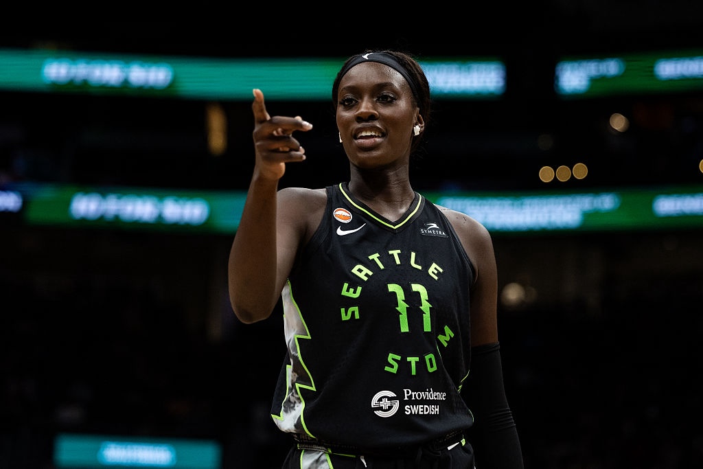 Awa Fam #11 of the Seattle Storm reacts during the first half against the Washington Mystics at Climate Pledge Arena on May 24, 2026 in Seattle, Washington.