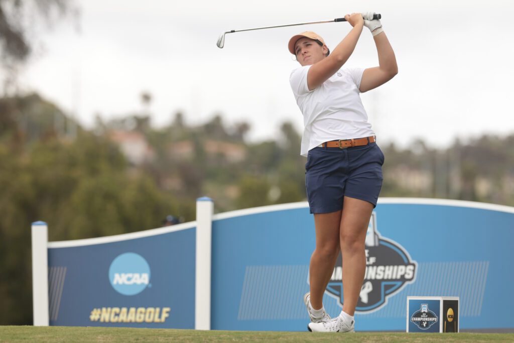 Farah O'Keefe of the Texas Longhorns drives on the eighteenth hole during the Division I Women's Golf Championship.