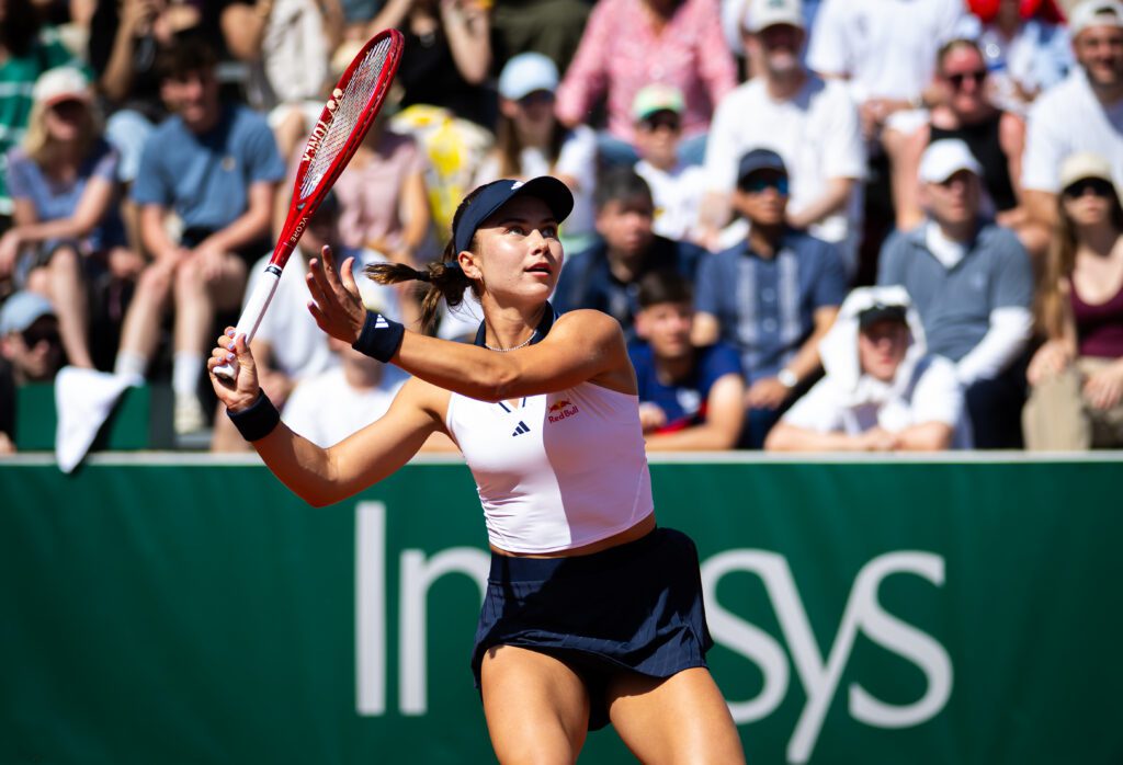 Iva Jovic of the United States in action against Alexandra Eala of the Philippines in the first round on Day Three of the 2026 French Open at Roland Garros.