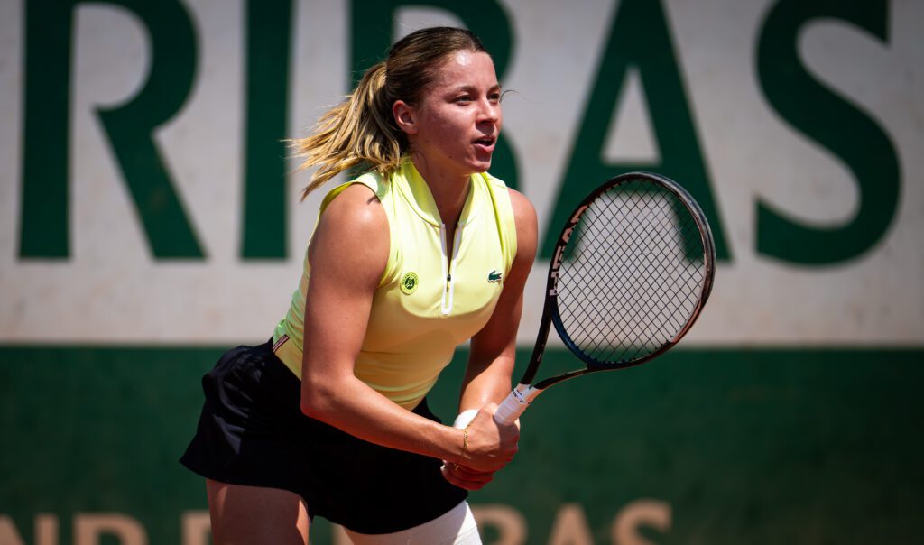 Maja Chwalinska of Poland in action against Elise Mertens of Belgium in the second round on Day Five of the 2026 French Open at Roland Garros on May 28, 2026 in Paris, France.