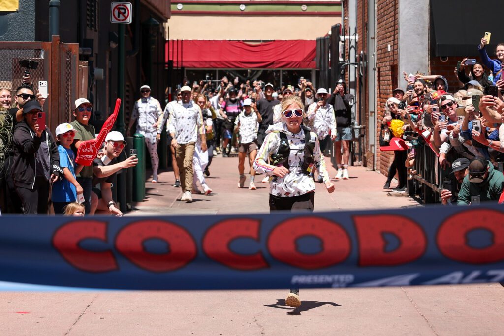 Rachel Entrekin approaches the finish line of the 2026 Cocodona 250.