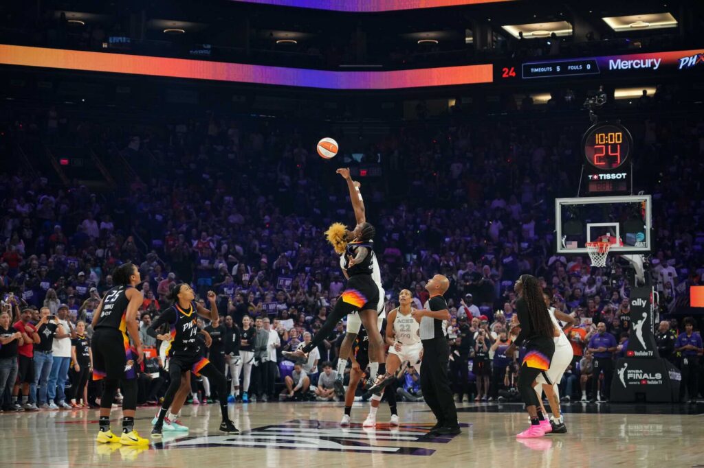 A general view of the opening tip between the Phoenix Mercury and the Las Vegas Aces during the first half of game four of the 2025 WNBA Finals at Mortgage Matchup Center.