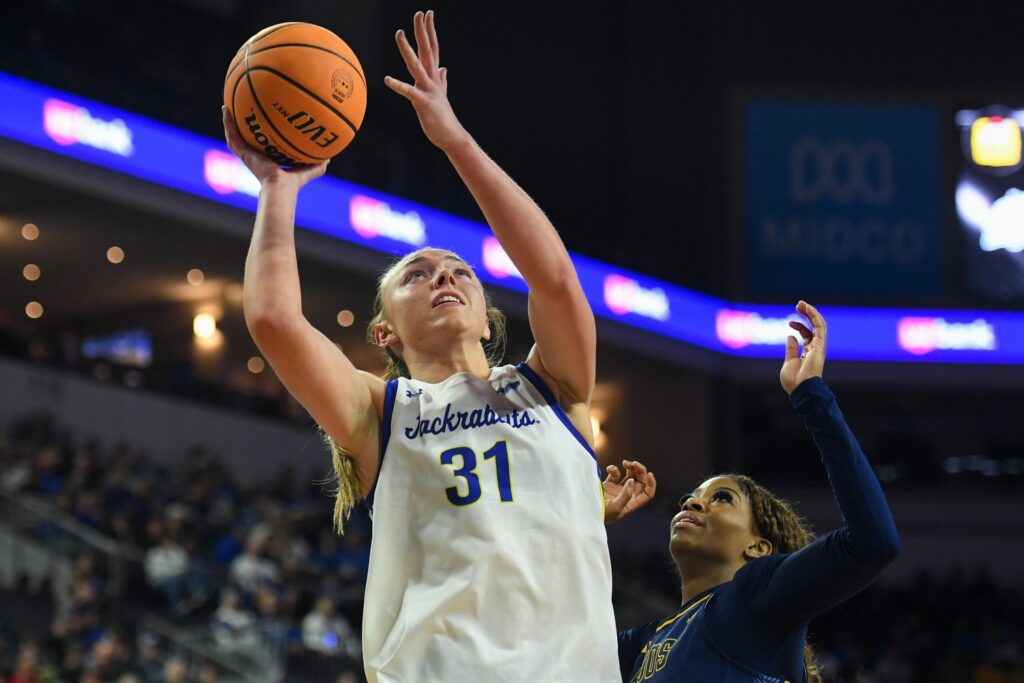 2026 WNBA draft snub and former women's ncaa basketball transfer portal candidate South Dakota State Jackrabbits forward Brooklyn Meyer (31) shoots the ball while playing against the Kansas City Roos during Summit League quarterfinals on Thursday, March 5, 2026, at Denny Sanford Premier Center in Sioux Falls, South Dakota.