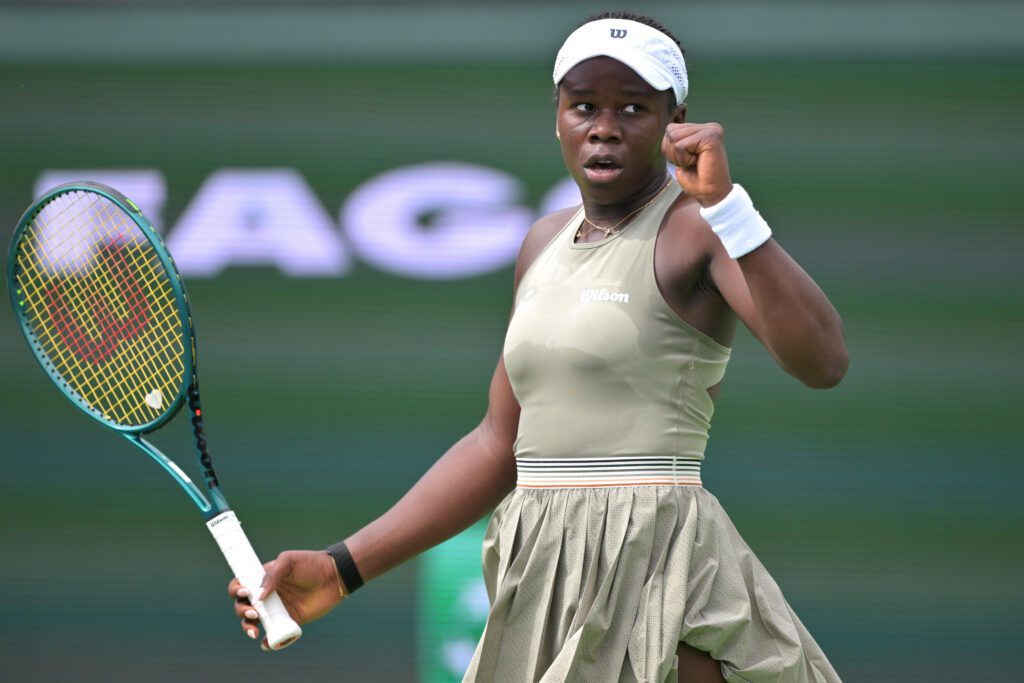 Victoria Mboko (CAN) reacts after winning her second round match against Kimberly Birrell (AUS) in the BNP Paribas Open at the Indian Wells Tennis Garden.