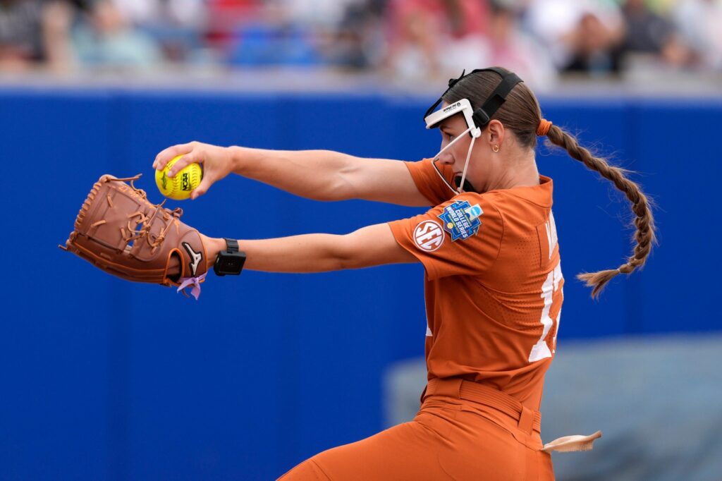 SEC softball tournament ace and Texas softball pitcher Teagan Kavan (17) throws a pitch during a Women's College World Series softball game between the Texas Longhorns and the Florida Gators at Devon Park in Oklahoma City, Thursday, May 29, 2025.