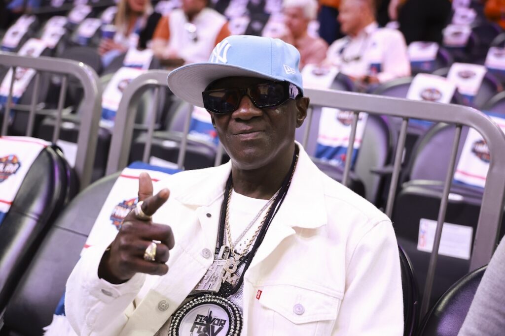She Weekend in Las Vegas creator Flavor Flav in attendance prior to a semifinal of the Final Four of the women's 2026 NCAA Tournament between the UConn Huskies and the South Carolina Gamecocks at Mortgage Matchup Center.