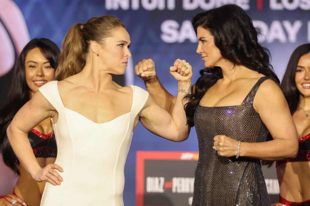 Ronda Rousey and Gina Carano pose after the press conference for the Most Valuable Promotions MMA card at Palladium Theater.