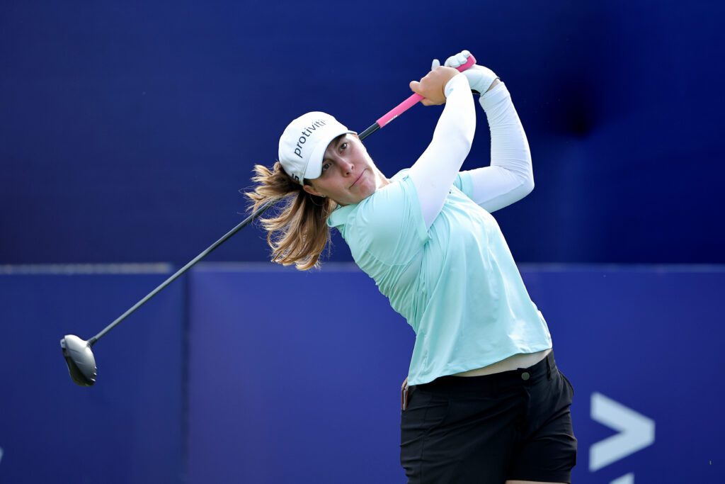 Jennifer Kupcho hits a tee shot on the first hole during the first round of The Chevron Championship golf tournament.