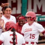 Alabama batter Brooke Wells reaches the plate after hitting a two-run homer at Rhoads Stadium as the Crimson Tide hosted South Carolina.
