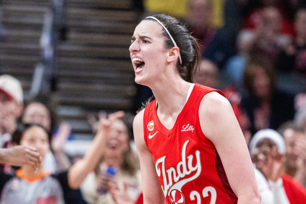 Indiana Fever guard Caitlin Clark (22) celebrates in the second half against the Dallas Wings at Gainbridge Fieldhouse.