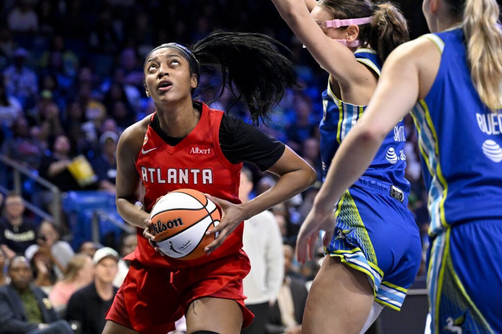 Atlanta Dream forward Angel Reese (5) pushes off Dallas Wings forward Alanna Smith (8) during the second half at College Park Center.
