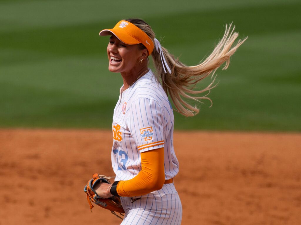 Tennessee's Karlyn Pickens (23) celebrates after striking out Virginia's final batter for the win in the NCAA college softball regional.