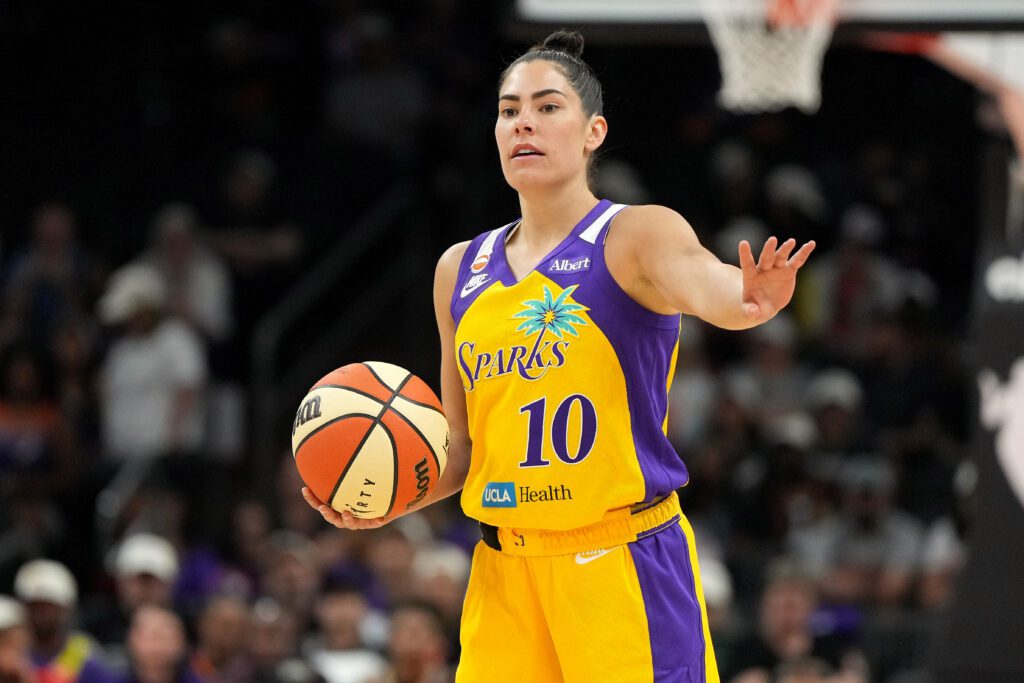 Los Angeles Sparks guard Kelsey Plum (10) calls out the play against.