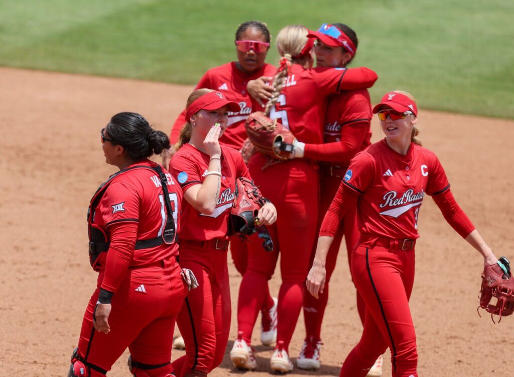 Texas Tech celebrates the win after the super regional game of the NCAA softball championship tournament at Katie Seashole Pressly Stadium in Gainesville, FL on Friday, May 22, 2026 as star pitcher NiJaree Canady signed an NIL deal with AUSL.