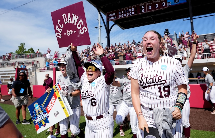 Mississippi State's Carson Smith (6) and Anna Carder (19) celebrate following Game 3 of the NCAA softball Norman Super Regional between the University of Oklahoma Sooners and the Mississippi State Bulldogs at Love's Field in Norman, Okla., May, 24, 2026 ahead of the WCWS 2026.