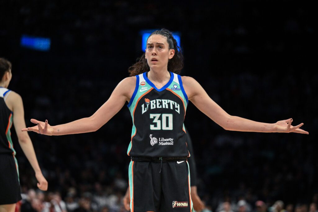 New York Liberty forward Breanna Stewart (30) reacts to a call during the first half against the Portland Fire at Barclays Center.