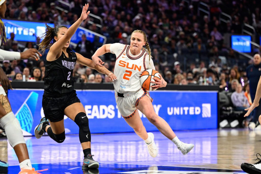 Connecticut Sun guard Hailey Van Lith (2) dribbles against Golden State Valkyries guard Kaitlyn Chen (2) in the third quarter at Chase Center.
