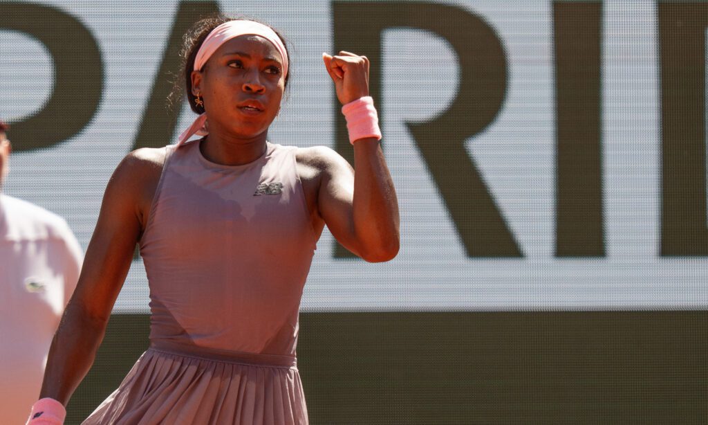 Coco Gauff of the United States reacts during her match against Taylor Townsend of the United States on day three at Stade Roland Garros.