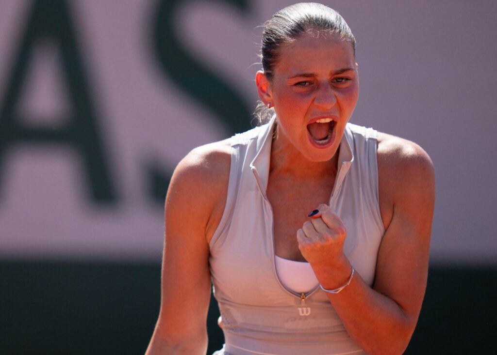 Marta Kostyuk of Ukraine reacts during her match against Katie Volynets of the United States on day four at Stade Roland Garros.