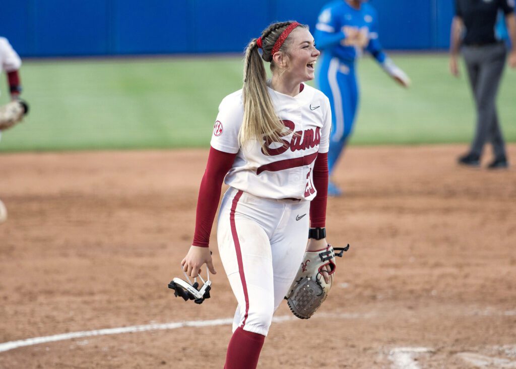 Alabama Crimson Tide starting pitcher Jocelyn Briski (23) smiles after her team defeated the UCLA Bruins during the NCAA Women’s College World Series at Devon Park.