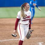 Alabama Crimson Tide starting pitcher Jocelyn Briski (23) smiles after her team defeated the UCLA Bruins during the NCAA Women’s College World Series at Devon Park.