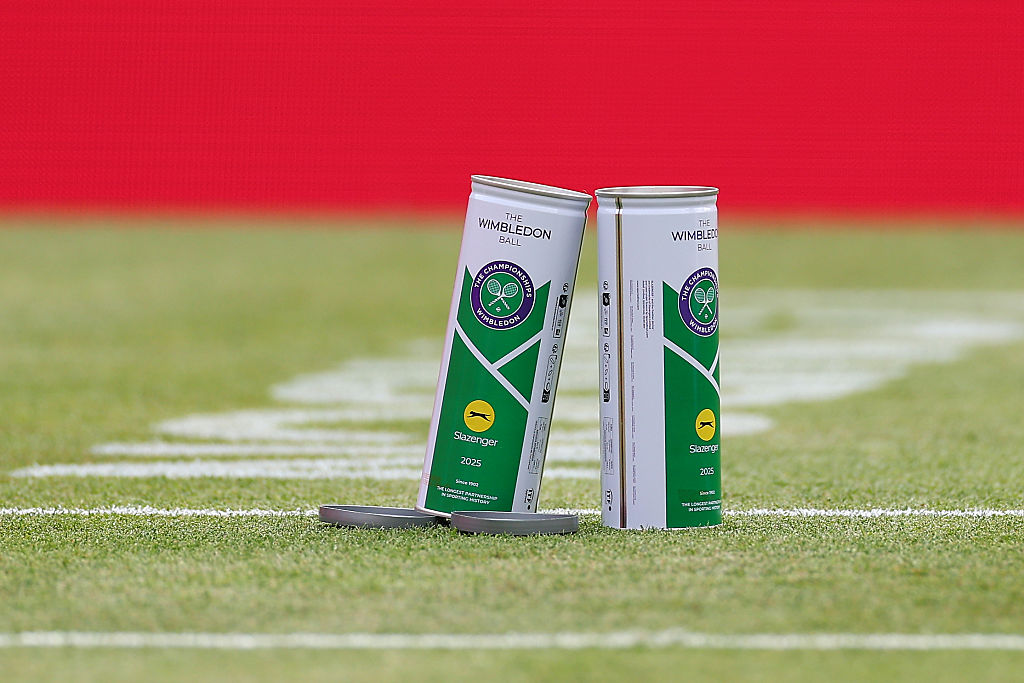 Wimbledon tennis ball tins sit on court at The Queen's Club on June 9, 2025 in London, England.