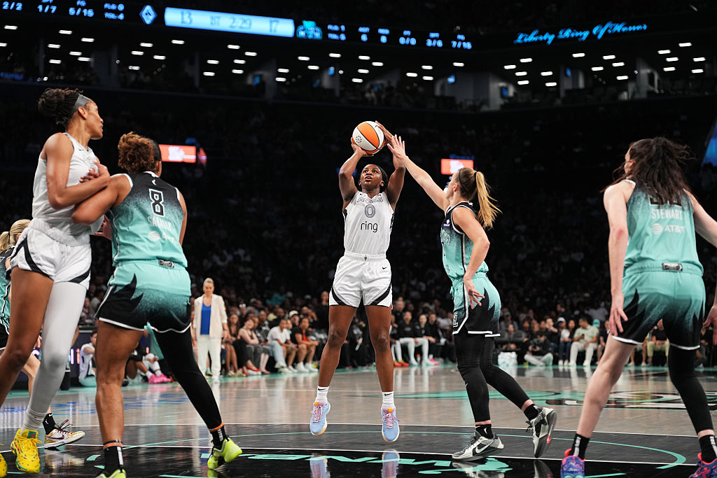Jackie Young #0 of the Las Vegas Aces shoots the ball during the game against the New York Liberty during a WNBA game on July 8, 2025 at Barclays Center Arena in Brooklyn, New York ahead of tonight's Aces vs Liberty game.