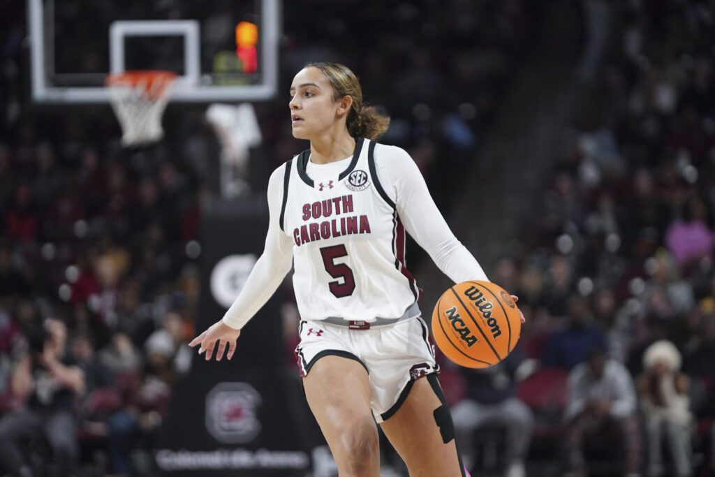Tessa Johnson of the South Carolina Gamecocks dribbles the ball during the second quarter of an NCAA women's basketball game at Colonial Life Arena.