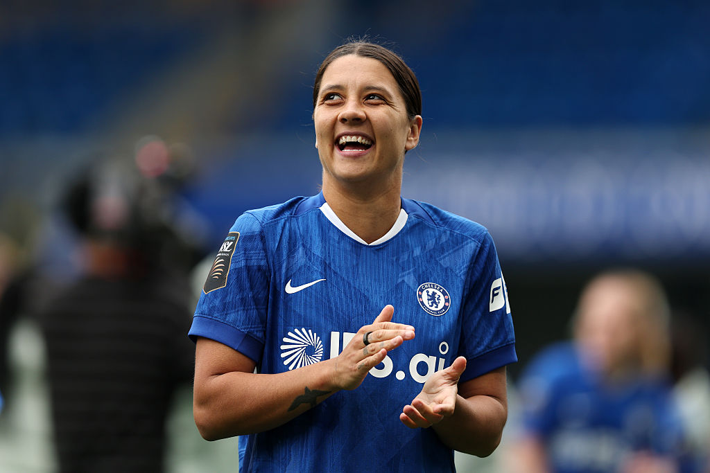 Sam Kerr of Chelsea acknowlegdes the fans following the Barclays Women's Super League match between Chelsea FC and Manchester United at Stamford Bridge on May 16, 2026 in London, England.