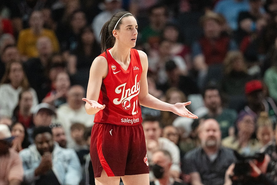 Caitlin Clark #22 of the Indiana Fever reacts after a foul was called during the first half of the Fever vs Fire Portland WNBA game at Moda Center on May 30, 2026 in Portland, Oregon.