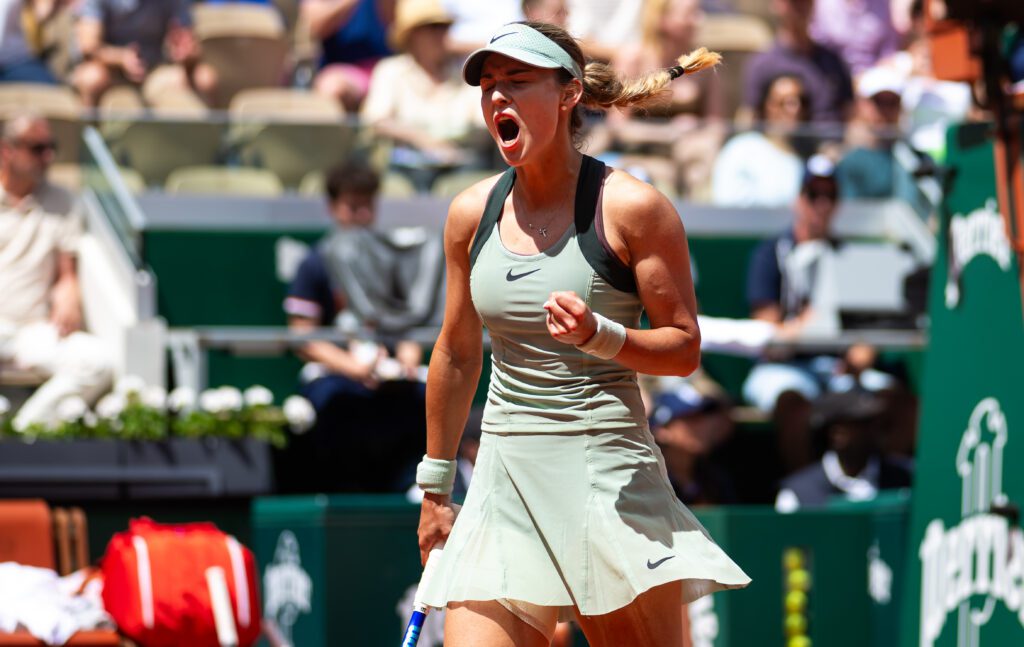 Anna Kalinskaya reacts while playing against Anastasia Potapova of Austria in the fourth round on Day Nine of the 2026 French Open at Roland Garros