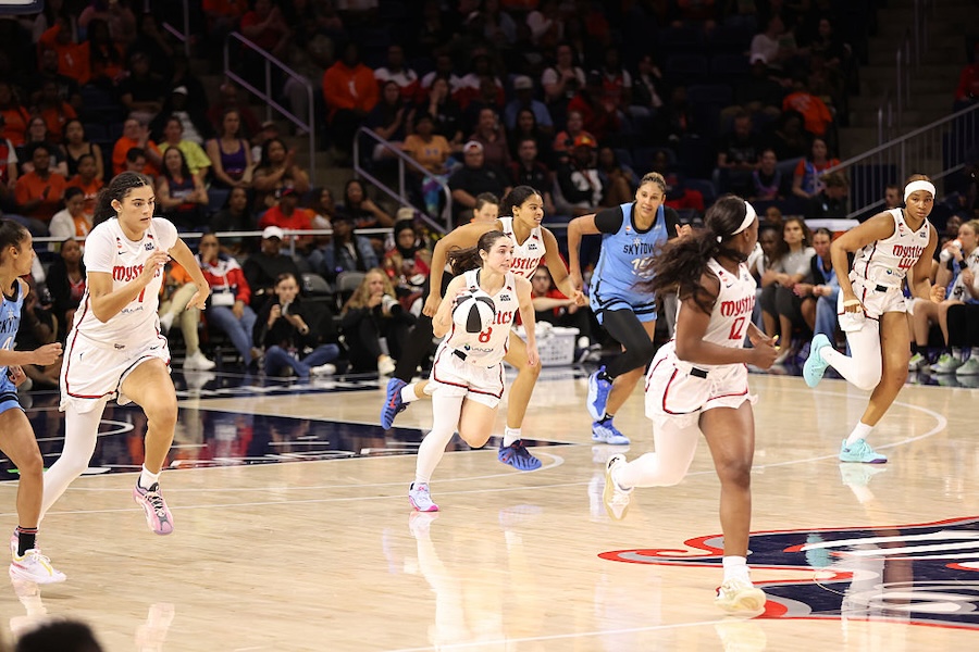 Georgia Amoore #8 of the Washington Mystics dribbles the ball during the game against the Chicago Sky on June 2, 2026 at CareFirst Arena in Washington, D.C.