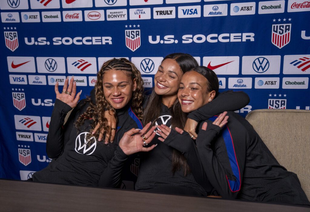 Trinity Rodman, Sophia Wilson and Mallory Swanson of the United States talk to the media during a zoom press conference at the team hotel on June 3, 2026 in Sao Paulo, Brazil.