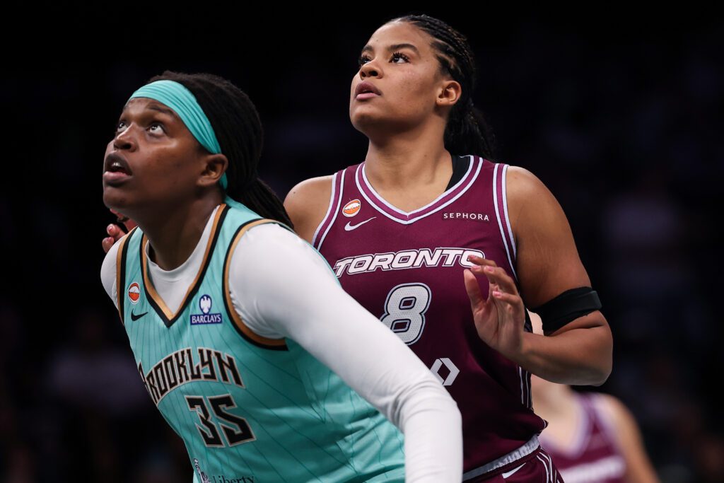 Jonquel Jones #35 of the New York Liberty attempts to box out Nyara Sabally #8 of the Toronto Tempo during the first half of the WNBA game at Barclays Center on June 03, 2026 in New York City.