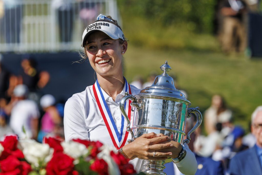 Nelly Korda holds the Harton S. Semple trophy after winning the 81st U.S. Women's Open at Riviera Country Club on June 7, 2026 in Pacific Palisades, CA.