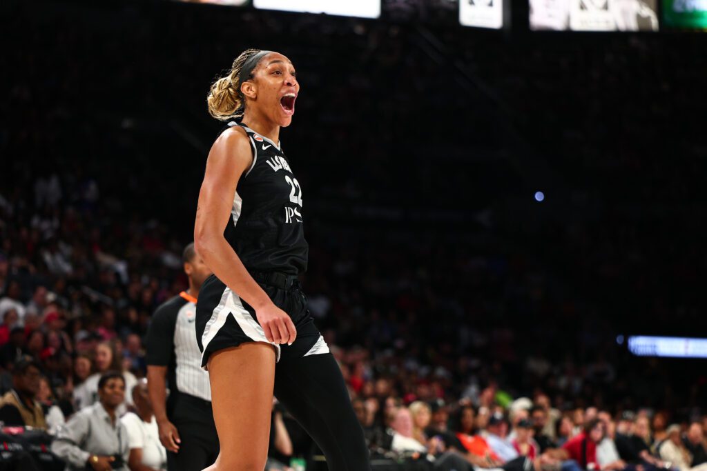 A'ja Wilson #22 of the Las Vegas Aces celebrates during the game against the Seattle Storm on June 8, 2026 at Michelob ULTRA Arena in Las Vegas, Nevada.