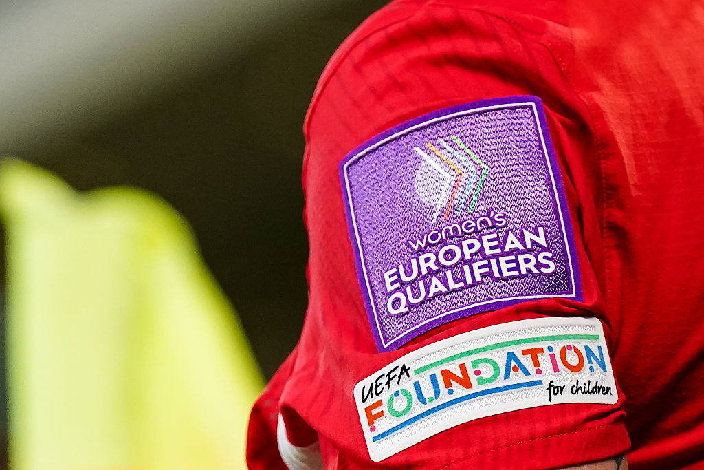 A detail view of the UEFA Women's European Qualifiers logo is seen a jersey during the FIFA Women's World Cup 2027 Qualifier match between Switzerland and Malta at AIL Arena on June 05, 2026 in Lugano, Switzerland.