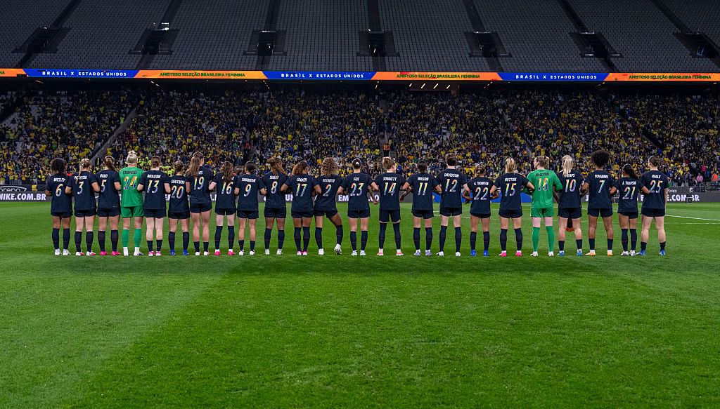 The USWNT celebrates Pride by wearing rainbow numbers during an international friendly match between Brazil and United States at Neo Quimica Arena on June 6, 2026 in Sao Paulo, Brazil.